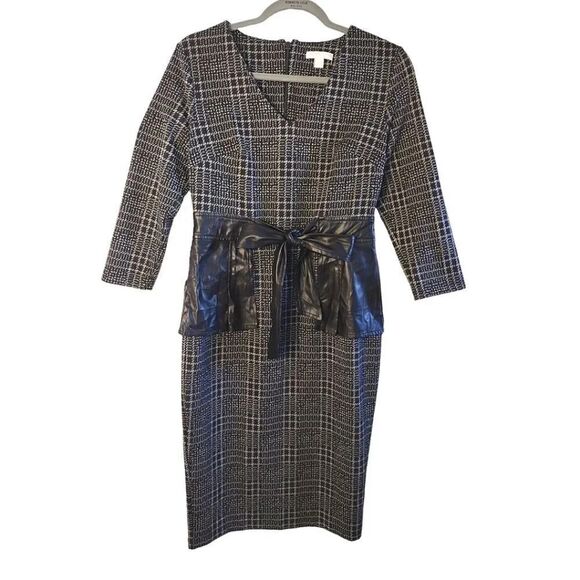 New York & Co Black Plaid Vegan Leather Bow Sheath Midi Dress Small - Picture 5 of 16